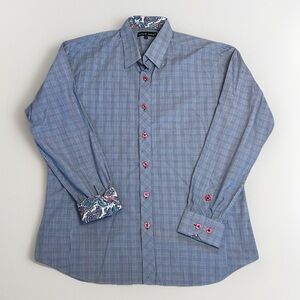 Jared Lang Men’s Button Down Blue Plaid Paisley Contrast Trim Red Buttons sz L